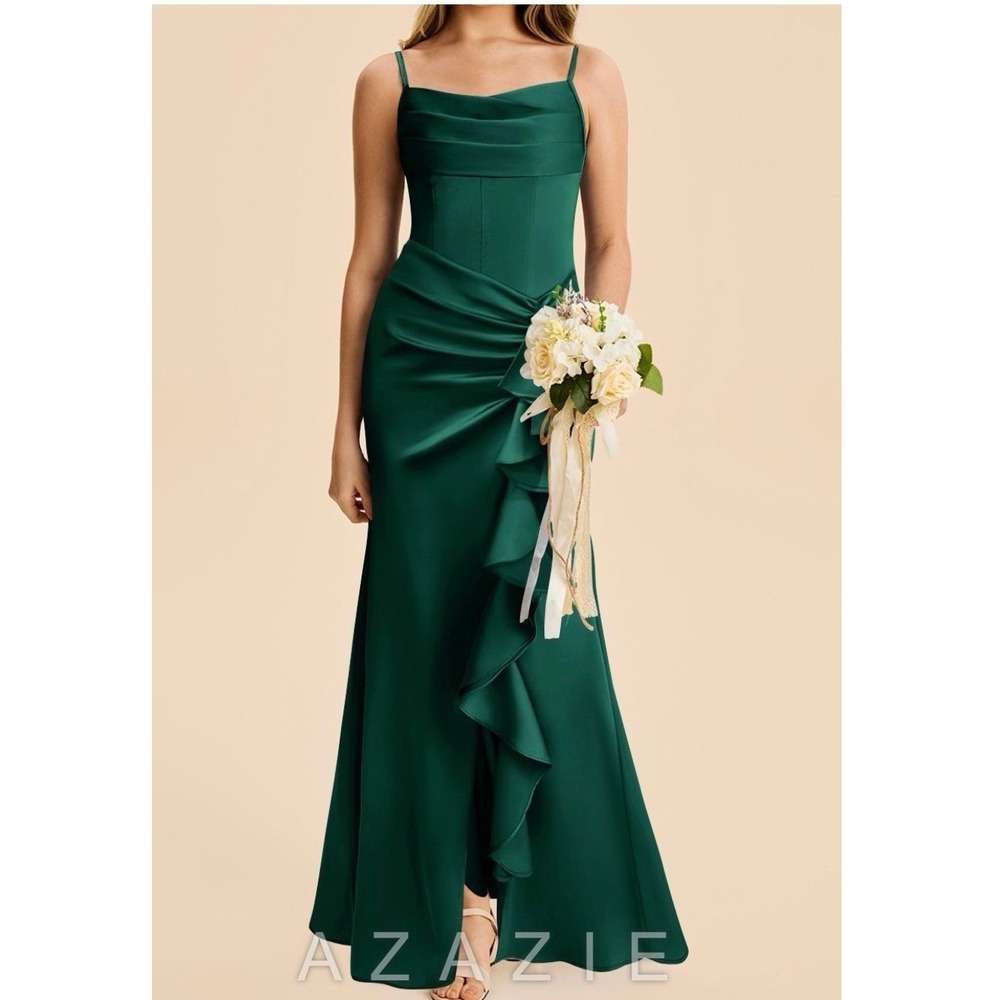 Azazie Rosalia Junior Bridesmaid Dress Green Stretch Satin Ruffle J6 Pageant
